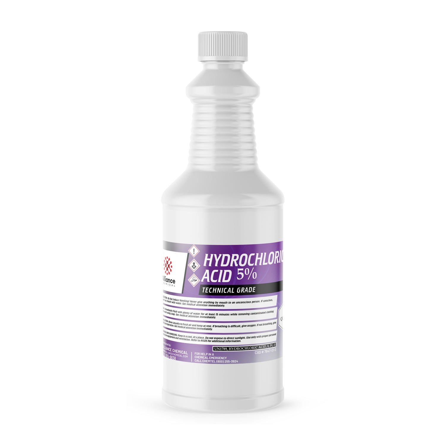 1-quart white HDPE bottle of 5% Technical Grade Hydrochloric Acid with purple label, hazard diamonds, and ribbed safety cap.